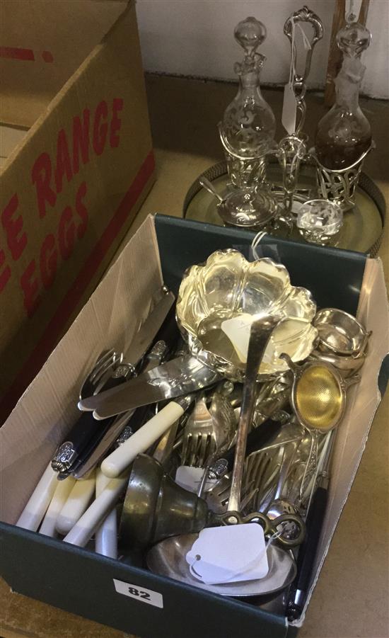 Gallia plated cruet set, Christofle tea strainer, plated bowl, sundry flatware, etc